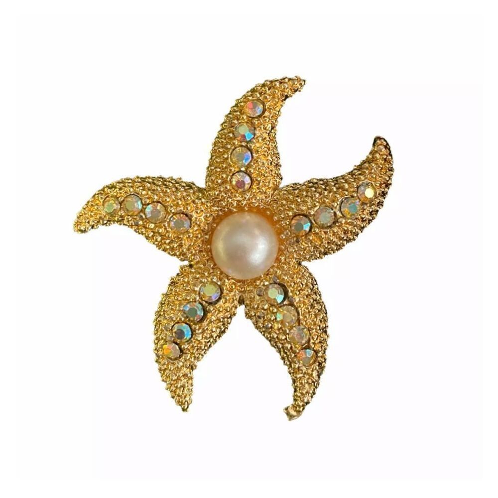 Vintage Gold Tone Starfish Brooch Pin Pearl Rhinestones 2" Fashion Jewelry - Picture 5 of 5